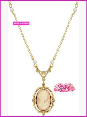 Faux Pearl Cameo Pendant Necklace with Gold Plated Chain